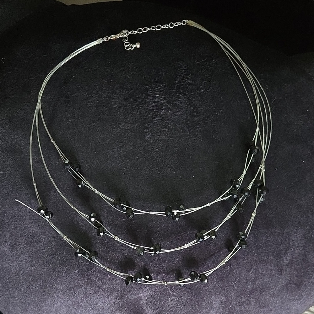Black Beaded Silver Bib Necklace
